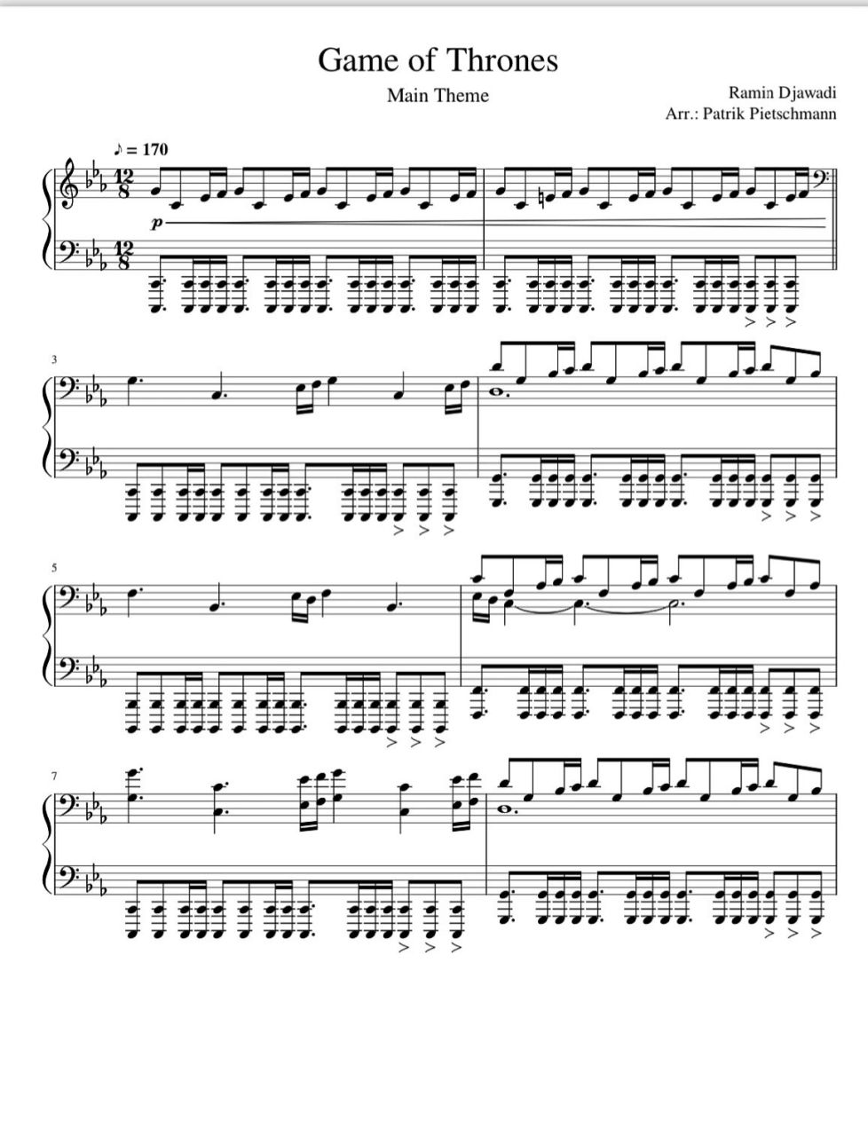 《权利的游戏》主题曲 高清钢琴谱