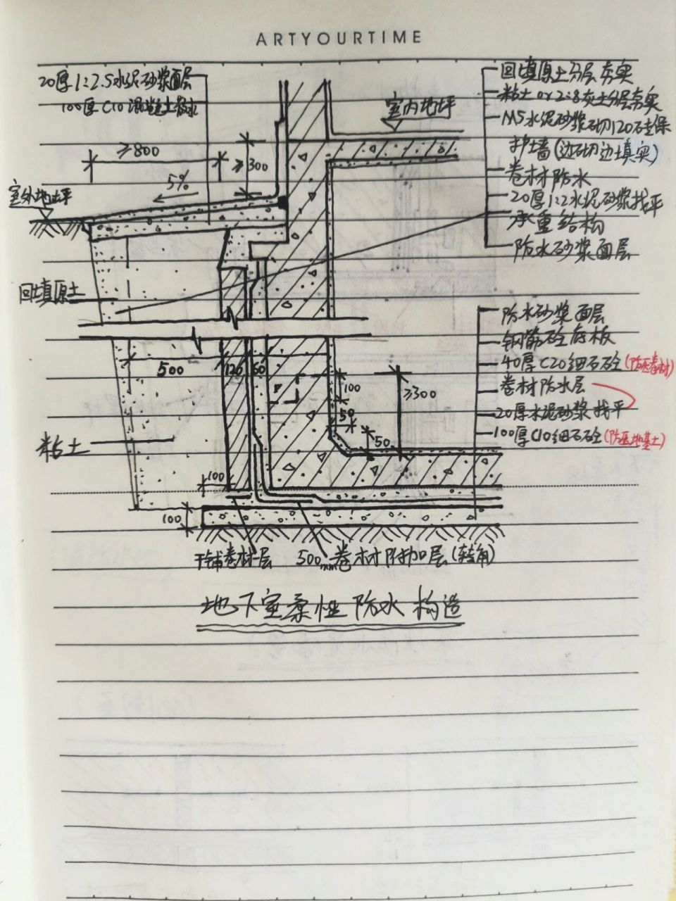 构造大图你会画了吗——地下室柔性防水构造 建筑构造画图  建筑学