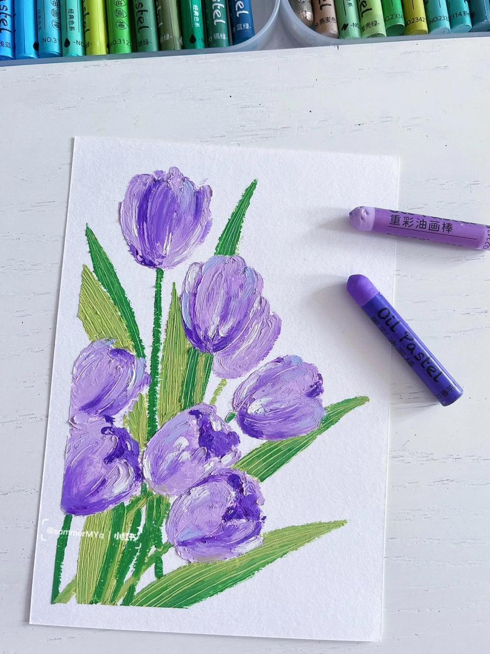 油画棒」90紫色郁金香 | 附过程图 不知道画什么的时候就画花叭