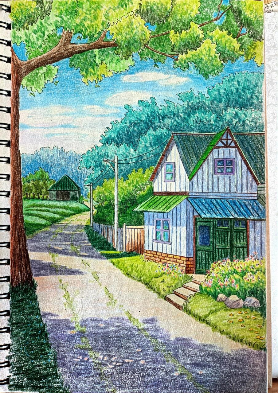 临摹,用彩铅临摹宫崎骏治愈风景,这张画的有点乱,天空的颜色用的不