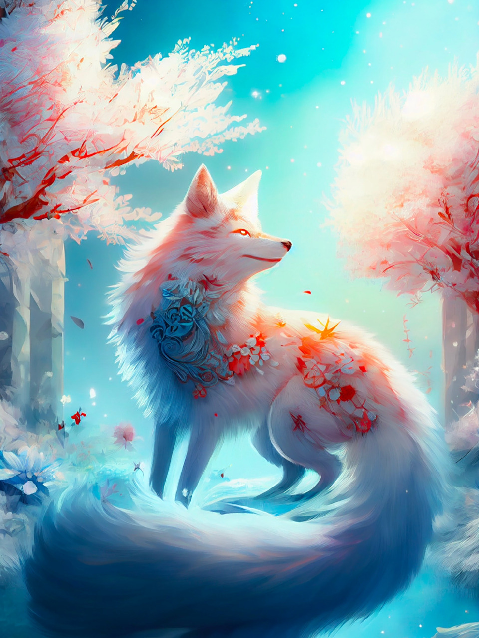 ai插画系列更新!九尾白狐!祥瑞神兽
