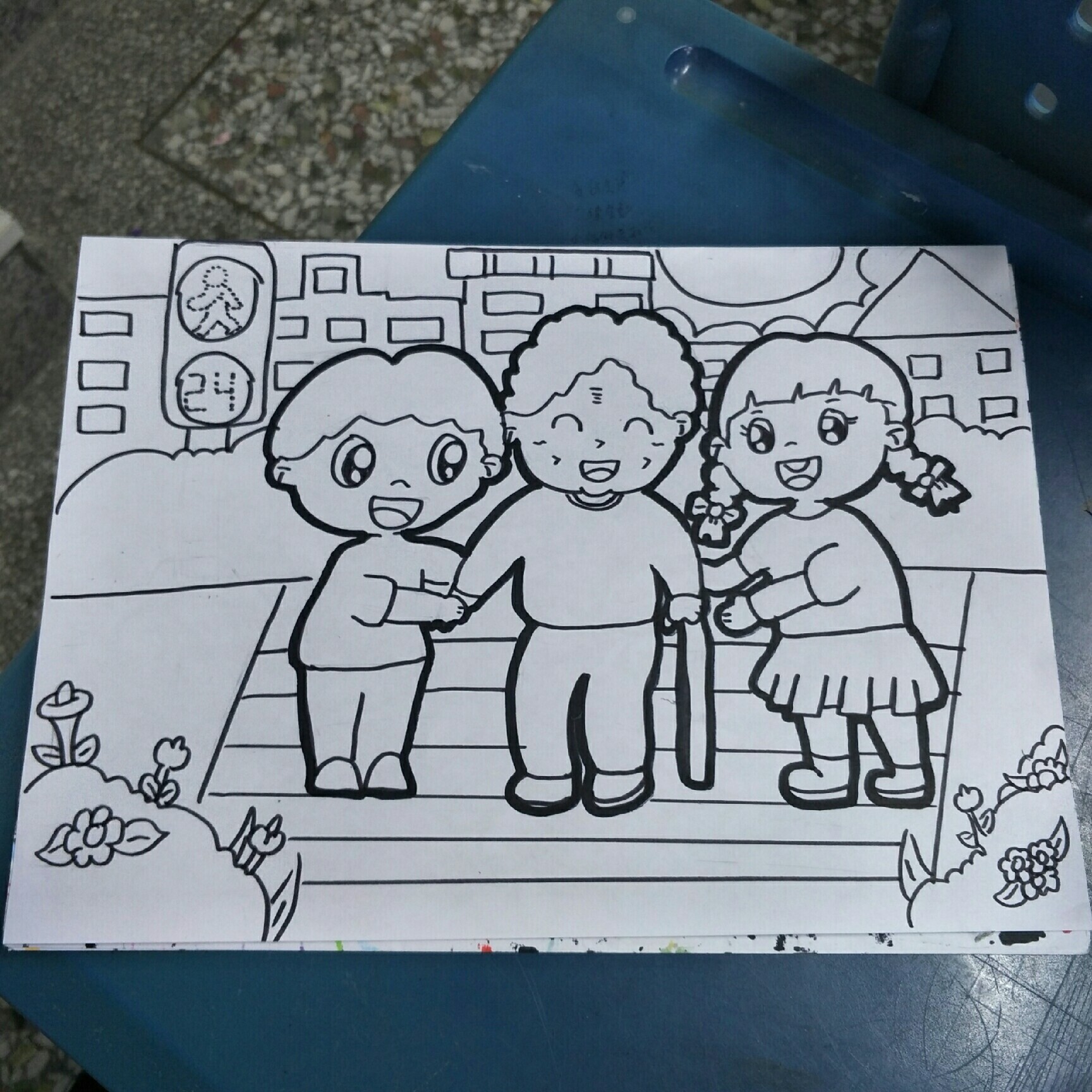 扶老奶奶过马路主题画