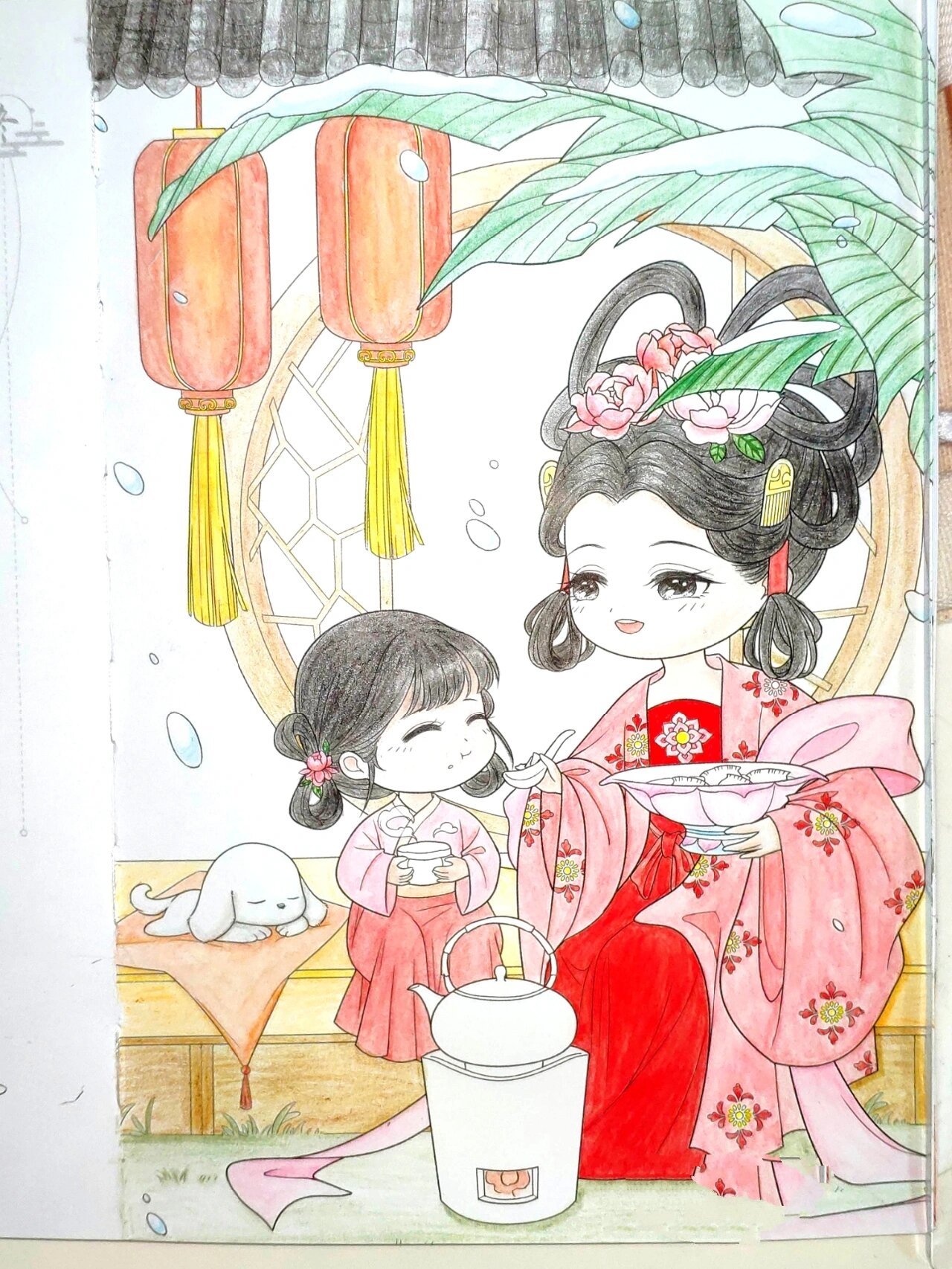 水彩彩铅古风人物画 过年吃饺子 节日贺图