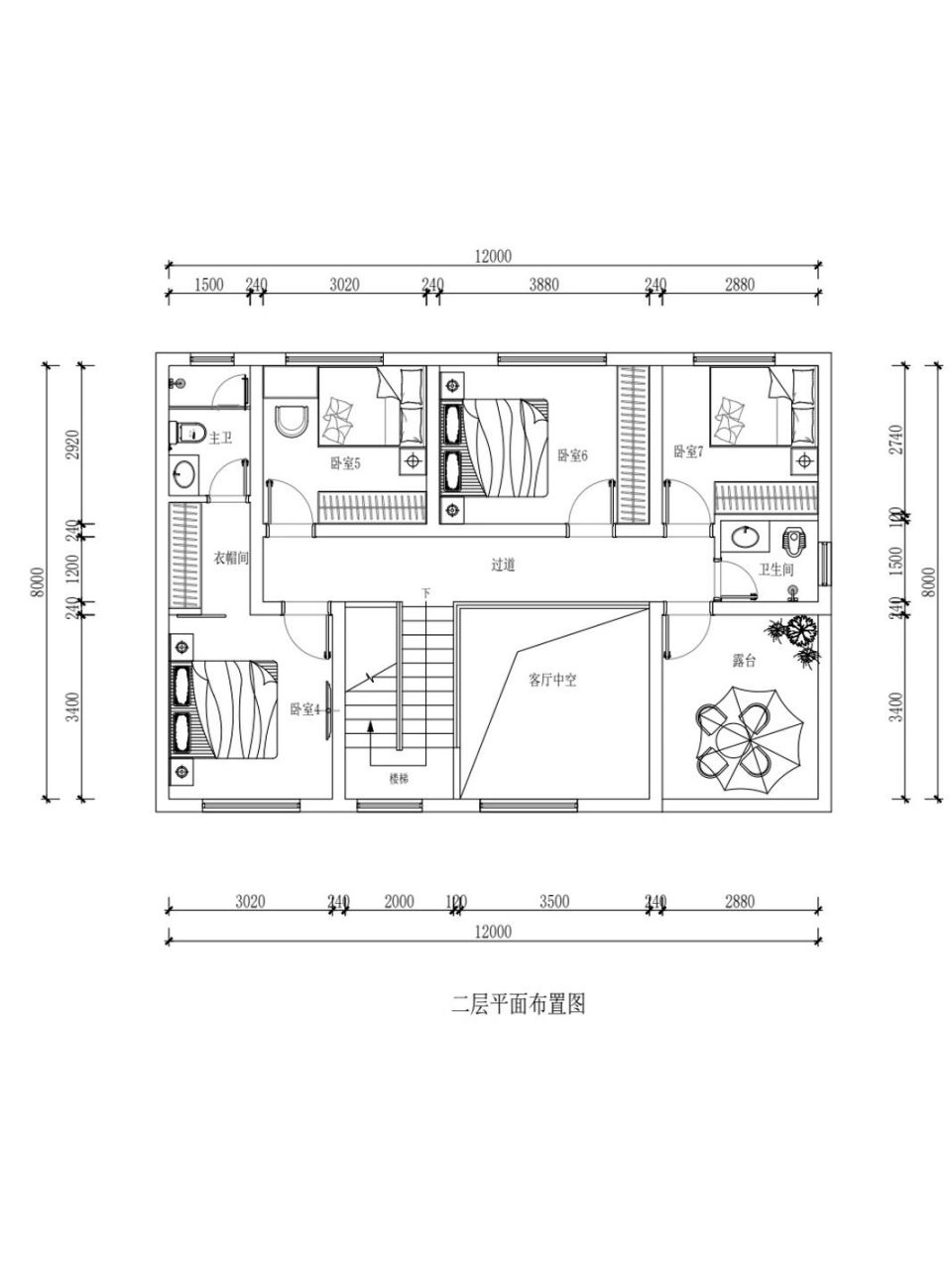 农村自建房户型设计二层,面宽12米进深8米 可接家装自建房户型设计