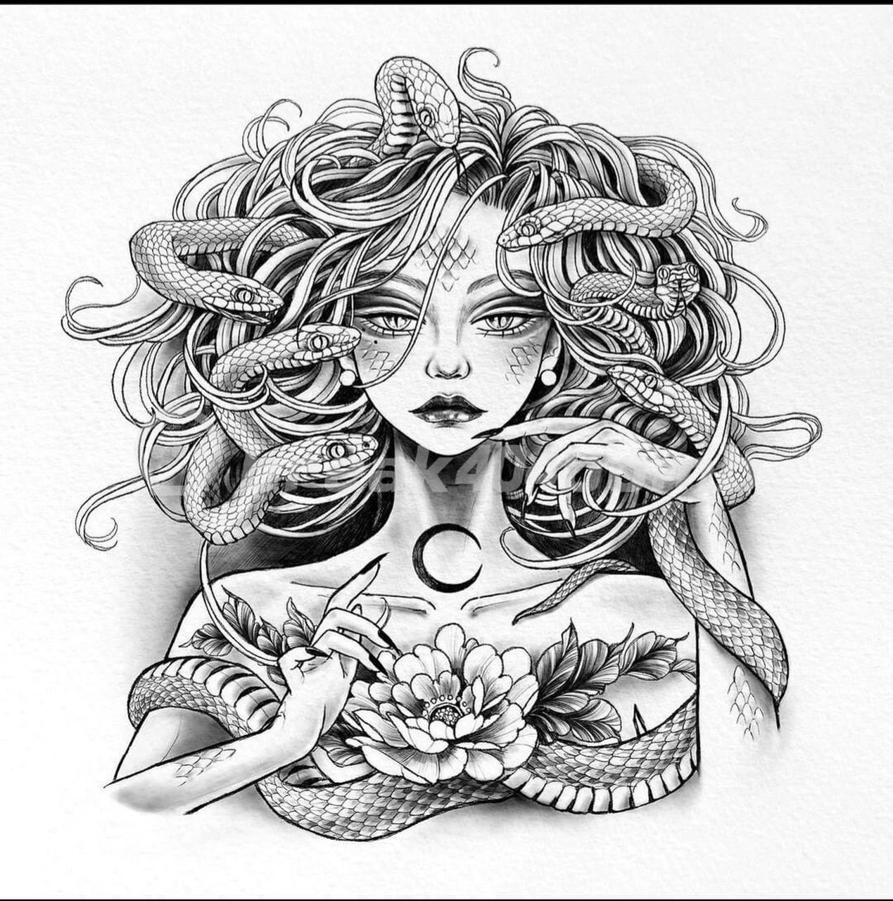 美杜莎纹身|花胸美杜莎纹身手稿 适合大腿或者大臂的美杜莎纹身 还有