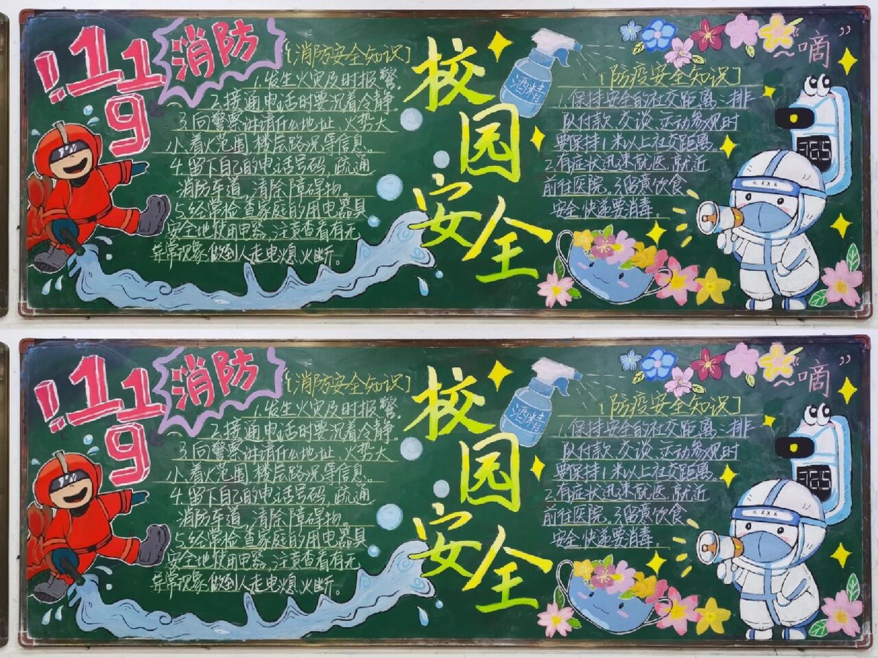 校园安全主题黑板报 一周完工 结合了消防安全和防疫安全