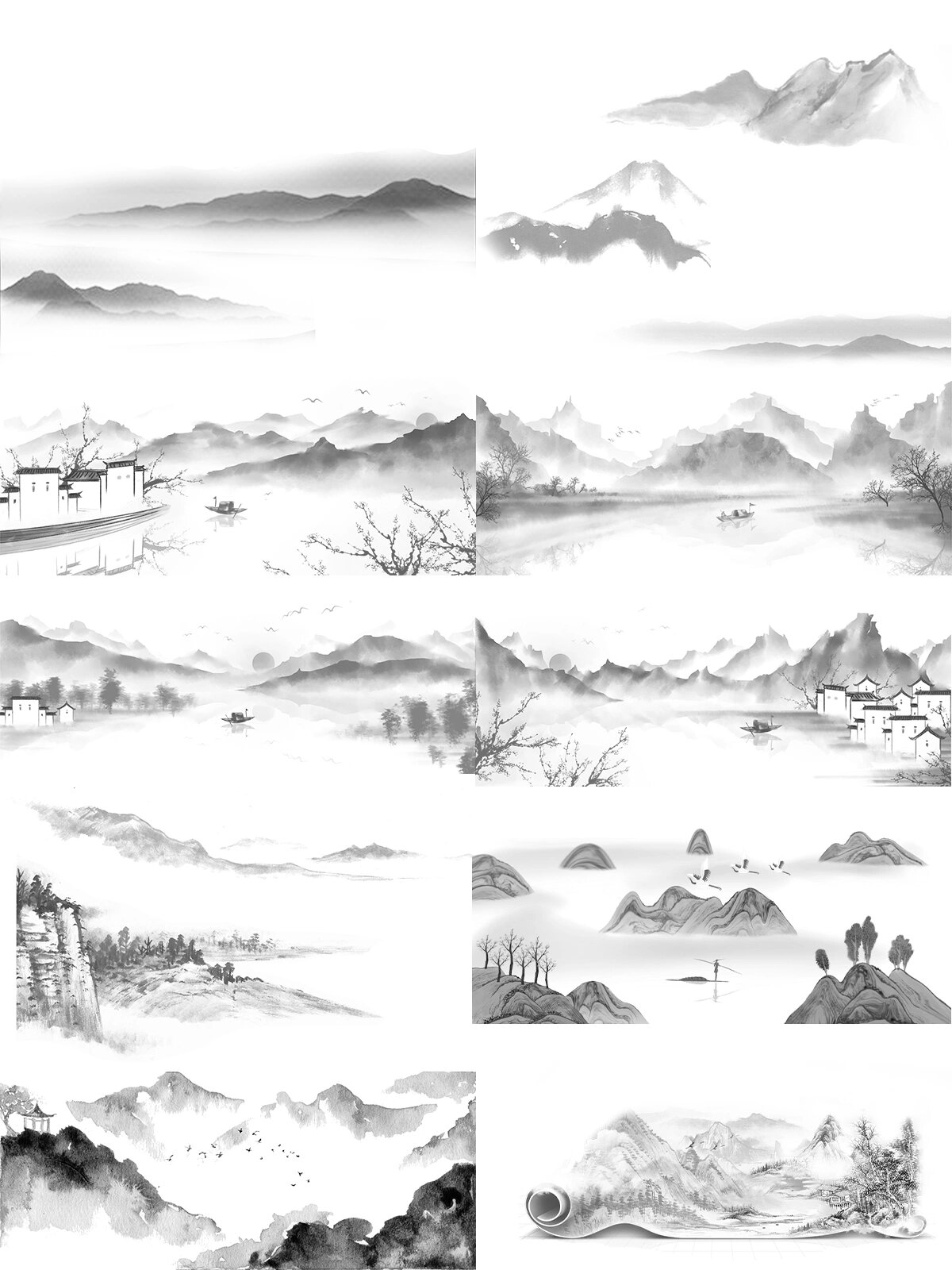 古风水墨山水画png免抠素材