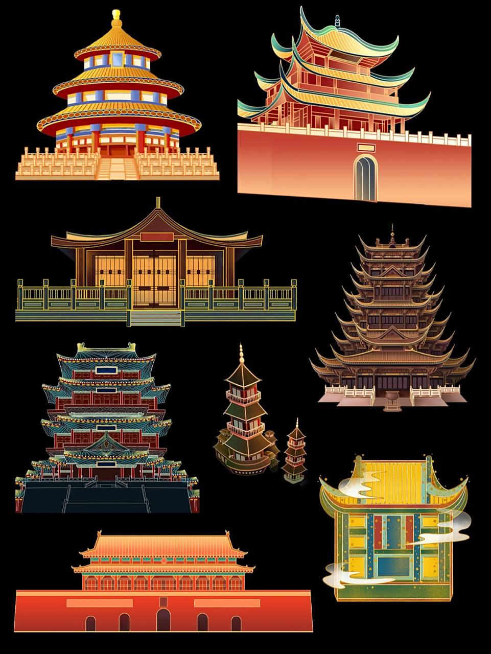 【国风插画】233款古建筑元素素材99 ps,ai国风古建筑元素免抠素材