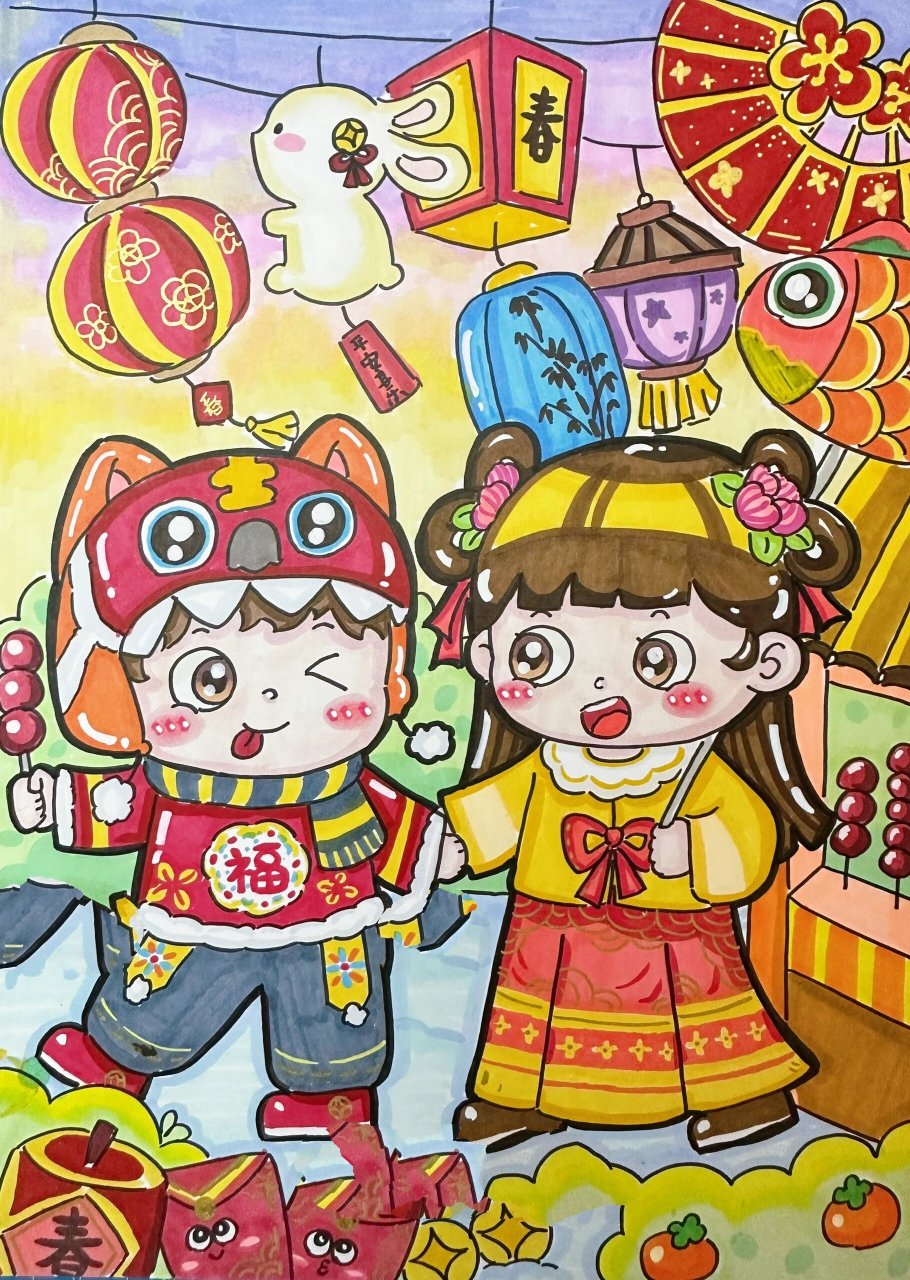 赏花灯,逛庙会🏮春节,元宵—🎨主题儿童画 🌟适用主题:元宵节