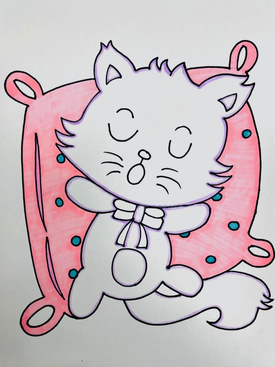 简笔画—睡觉的猫 一学就会 附加步骤图 自行配色涂色 材料:素描纸