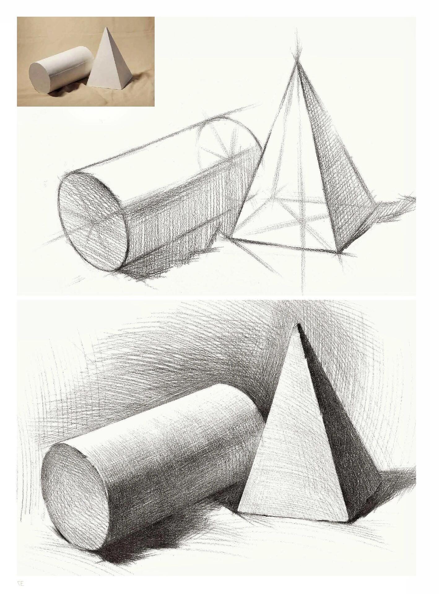 素描石膏几何体组合写生对照图97