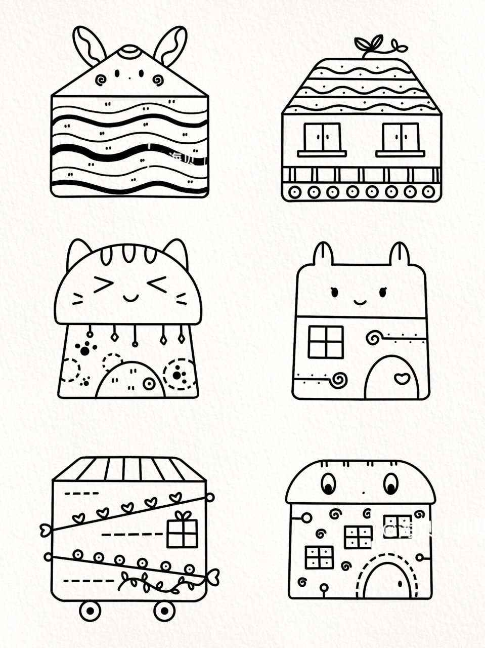 黑白线描|可爱小房子简笔画素材|手帐贴纸 一组原创小房子简笔画线稿