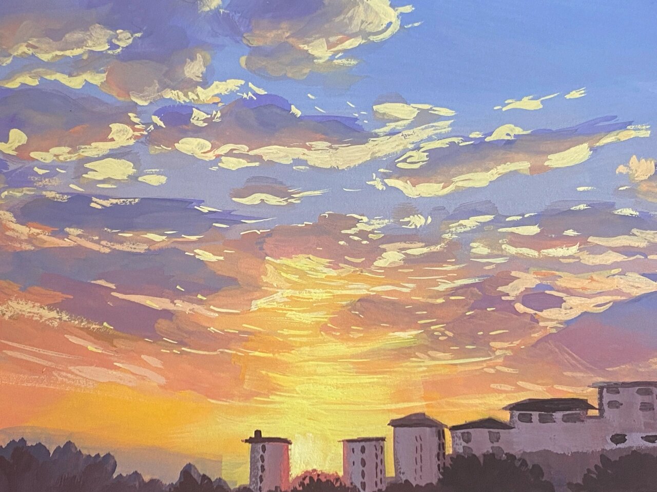 不透明水彩 水粉画 日落收集者 夕阳