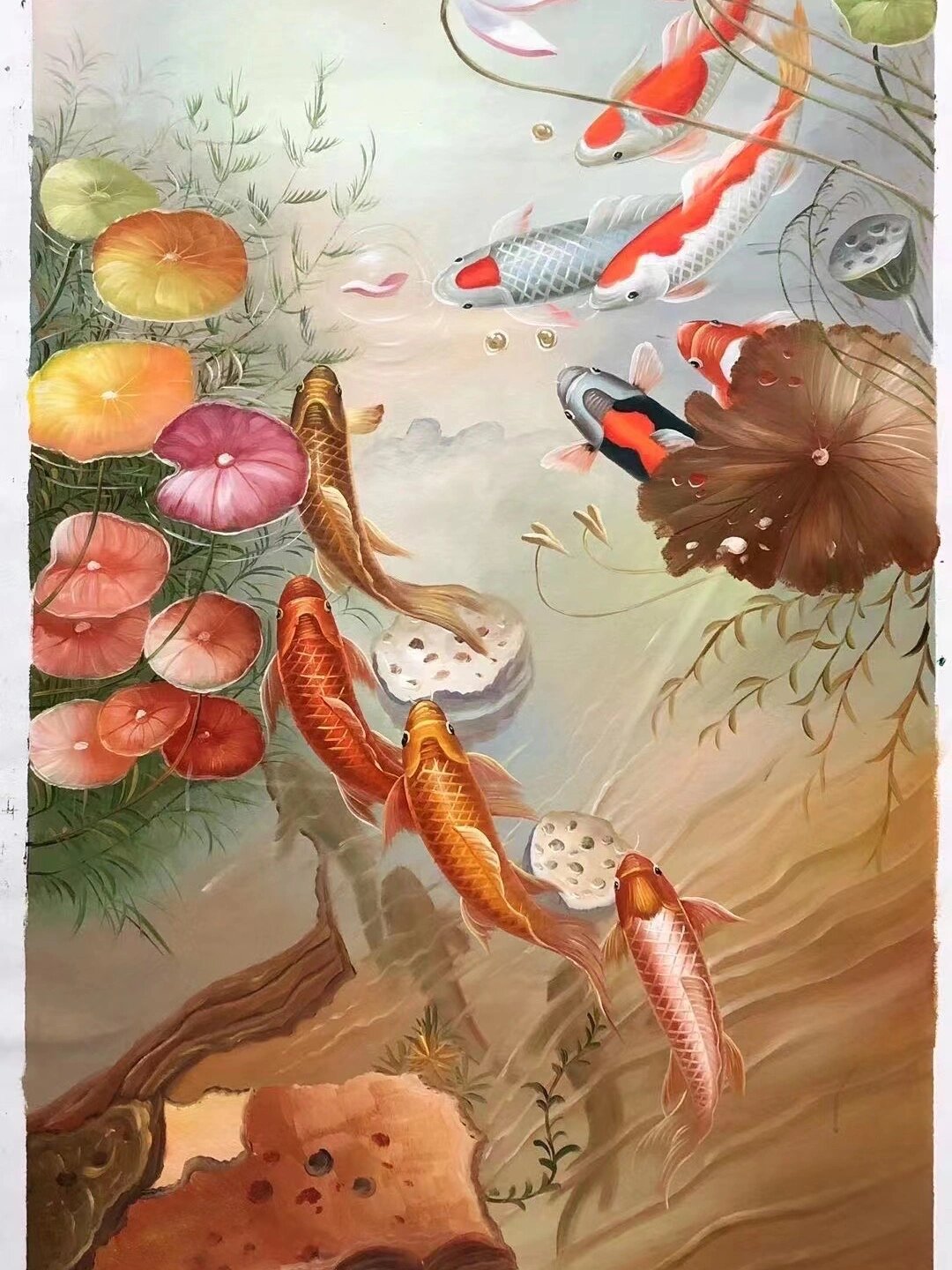 纯手绘油画-《九鱼图