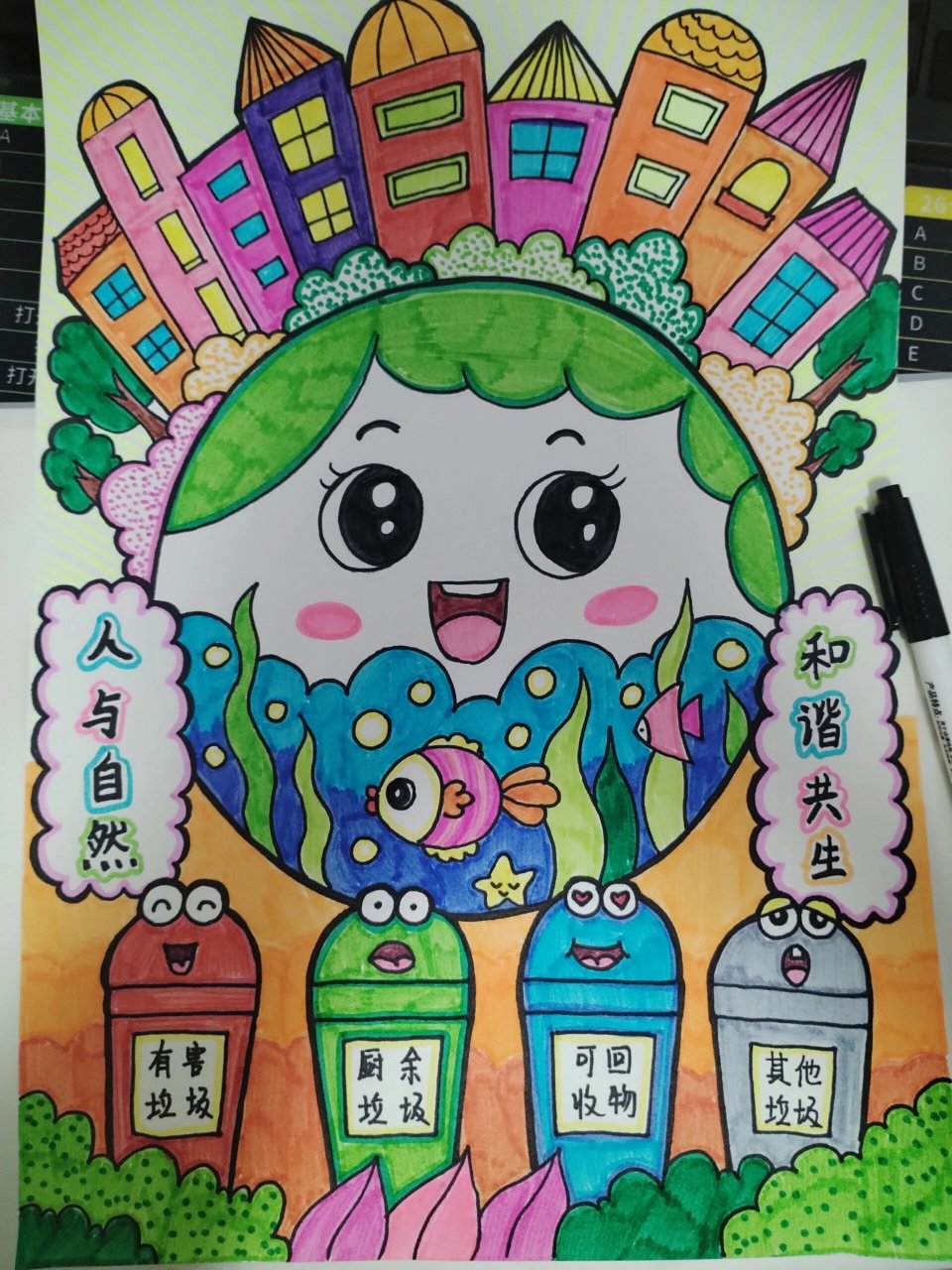 儿童画:《人与自然,和谐共生》