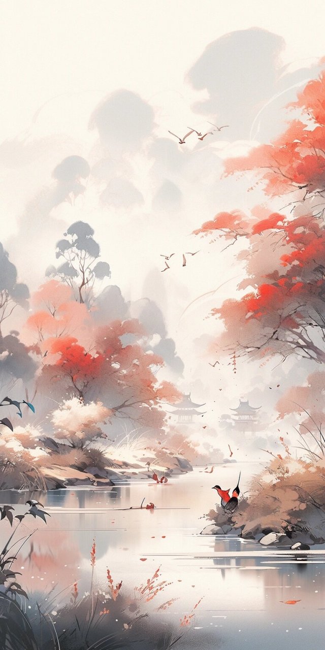 唯美国风,秋日风景水墨画,治愈系壁纸 一组秋日风景画,画面很唯美,无