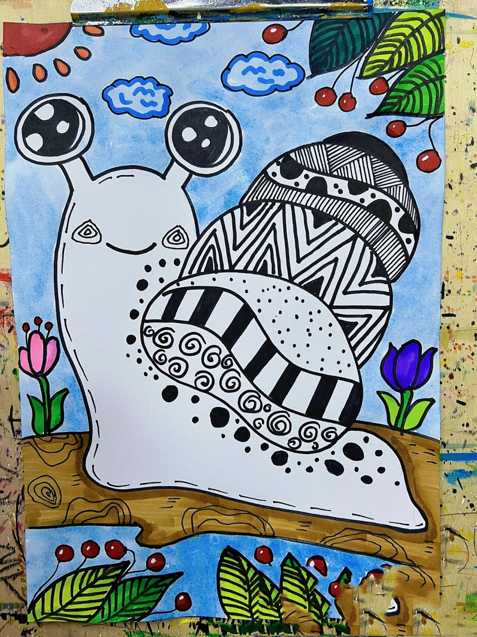 暑假绘画# #儿童创意画# #装饰画# #黑白装饰画# #创意线描# #蜗牛