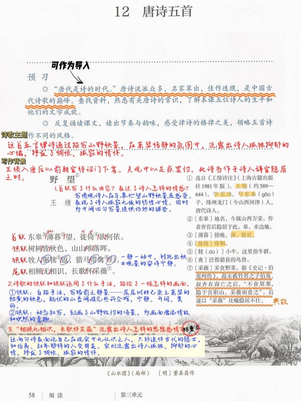 八上语文王绩《野望》    王绩的偶像是陶渊明,他们俩一样,一辈子喝了