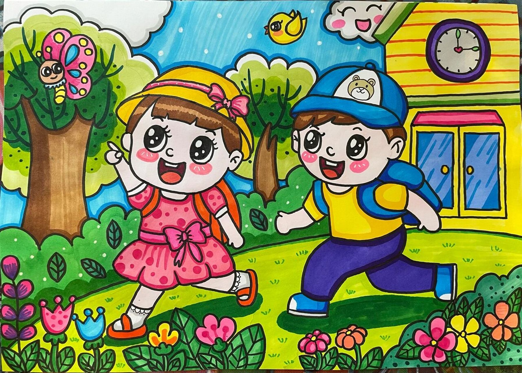 上学去,儿童画简笔画马克笔 期待快点开学,俩孩子在家真的受不了.