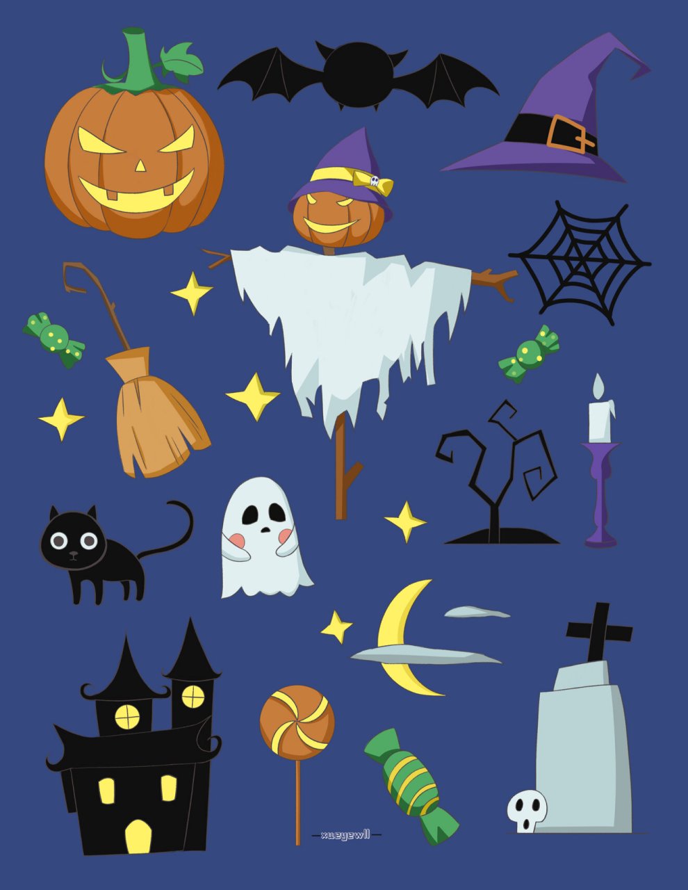 万圣节就要到了,又画了简单可爱的卡通元素贴纸图案一张,不知道会不会