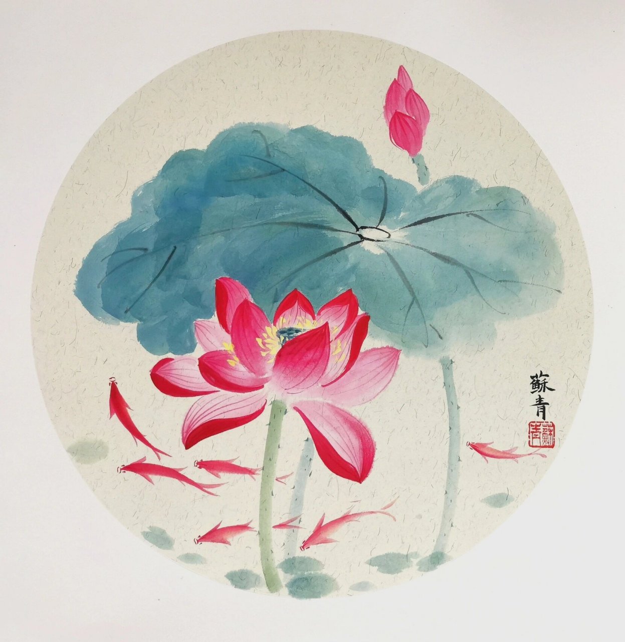 清趣》花鸟 苏青-《荷塘清趣》花鸟 纸张尺寸:外方内圆生宣卡纸38x38