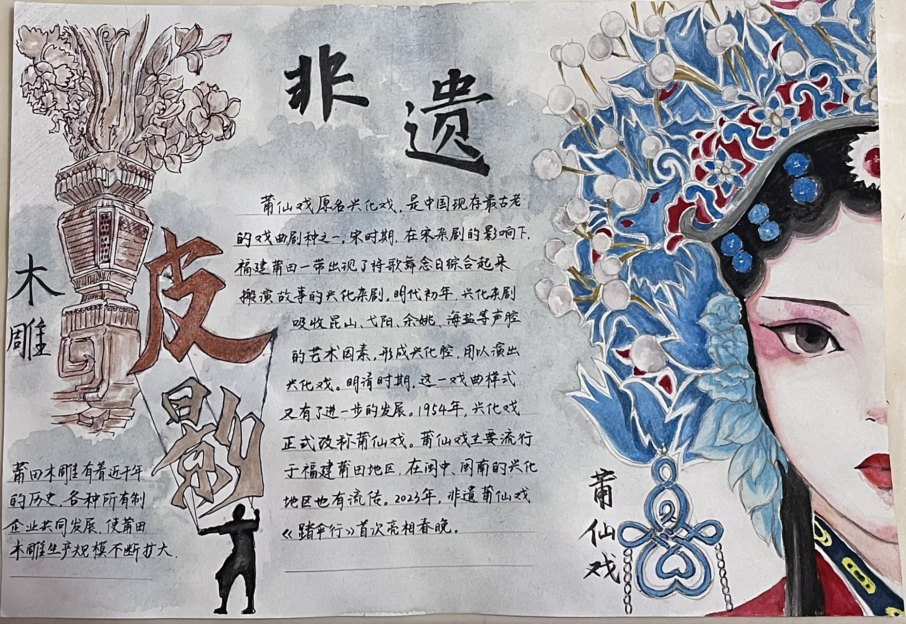 手抄报【非遗主题】 妹妹忙会了半天 ,发现莆田非遗好像没有皮影,心态