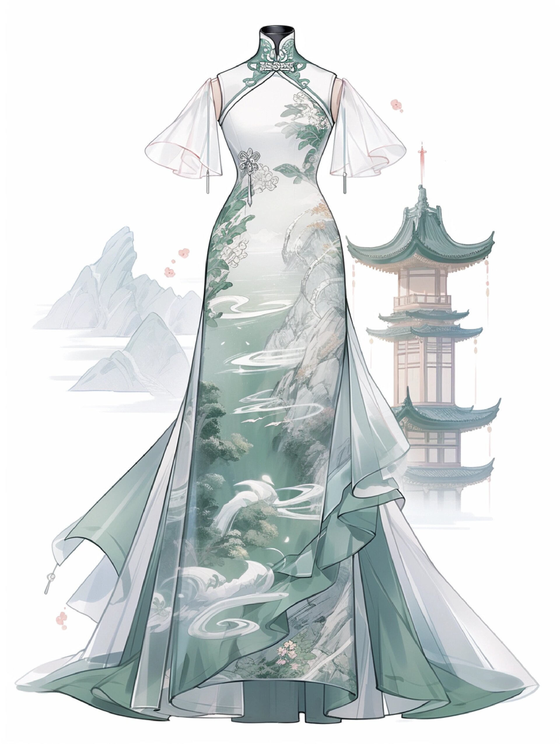 新中式旗袍礼服 | 服装效果图