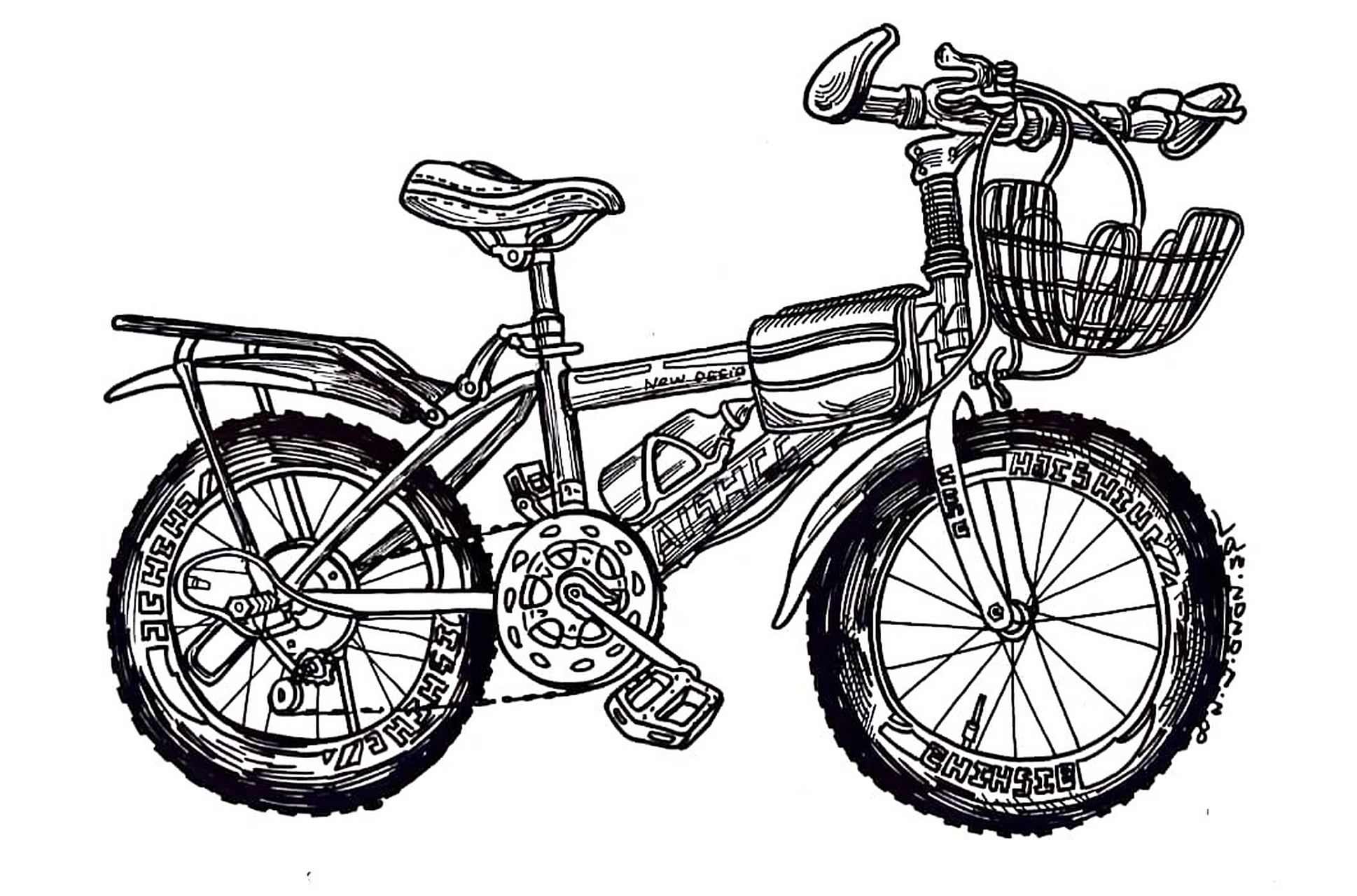 黑白线描自行车写生素材打印图