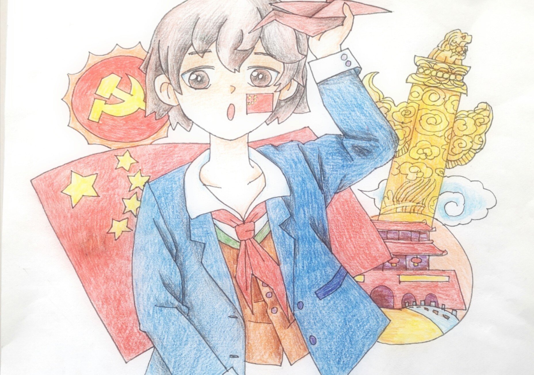 热爱祖国热爱党创意彩铅画