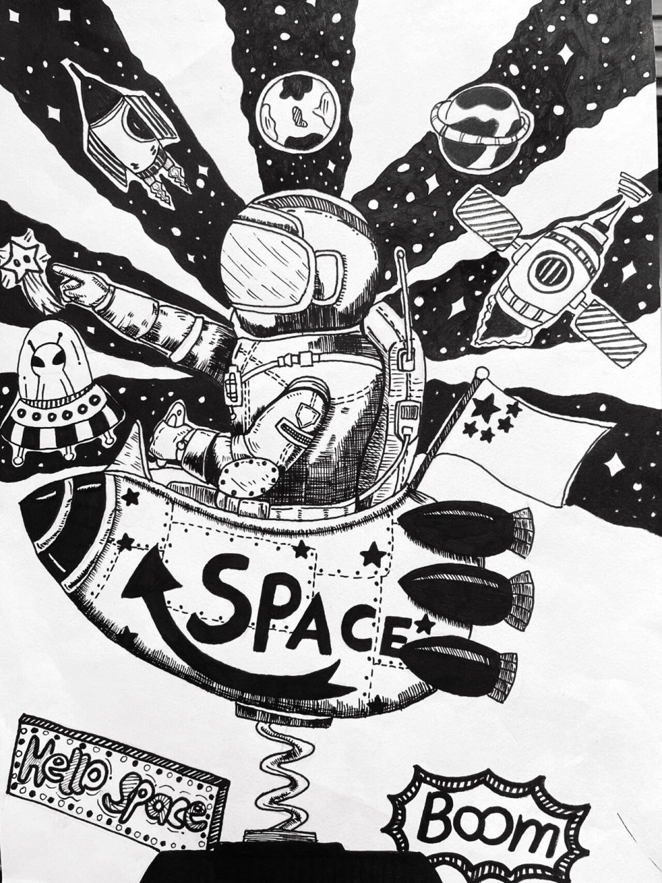 宇航员手绘 创意手绘 黑白插画 谁小的时候没有一个当宇航员的梦呢