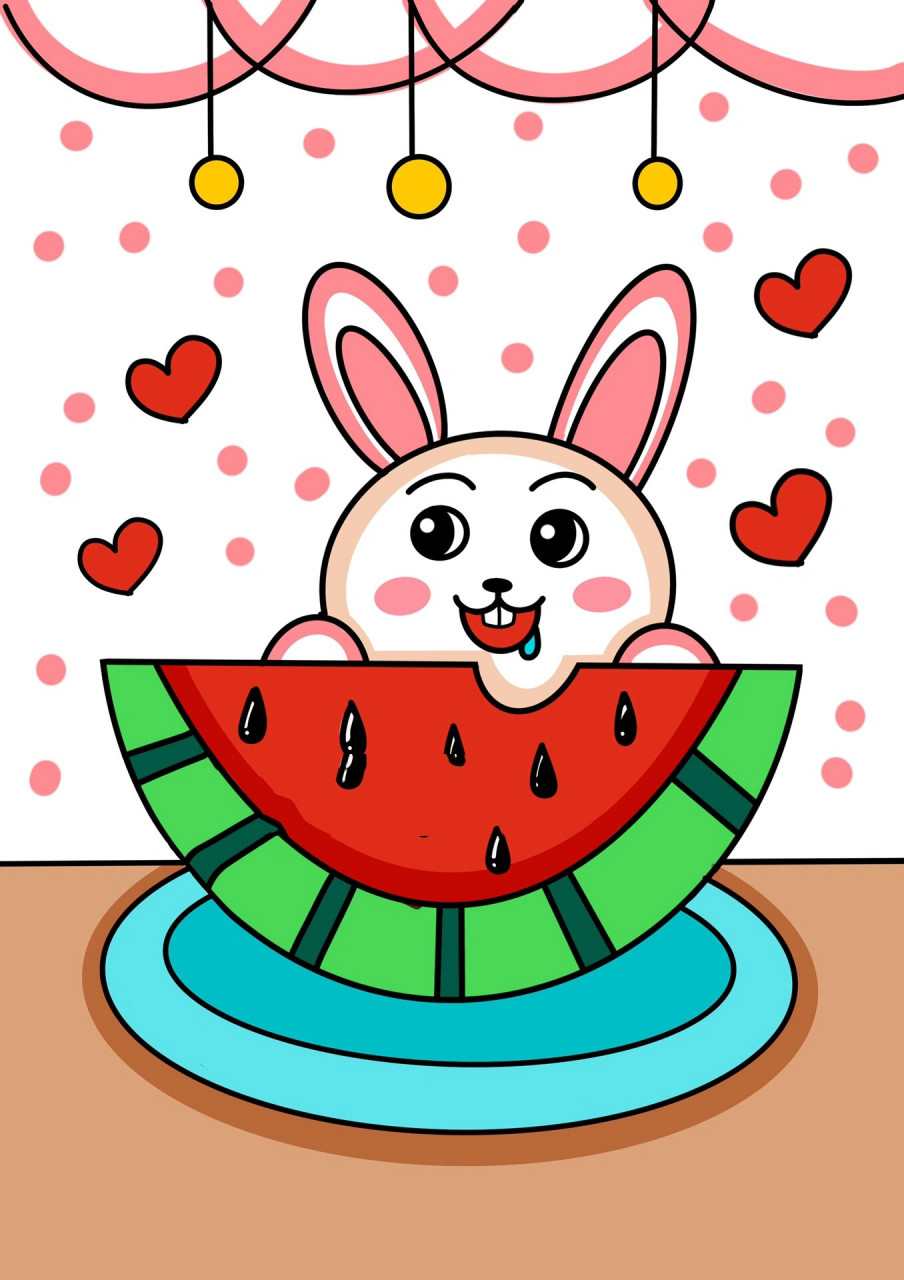 可爱的小兔子吃西瓜 创意画 儿童画 简笔画 #可爱简笔画# #创意美术