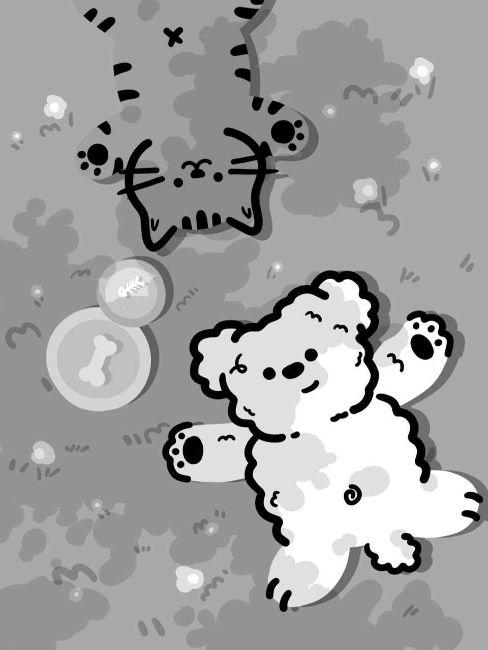 可爱卡通插画丨附过程,小猫小狗在草地乘凉 一张简单卡通插画步骤分享