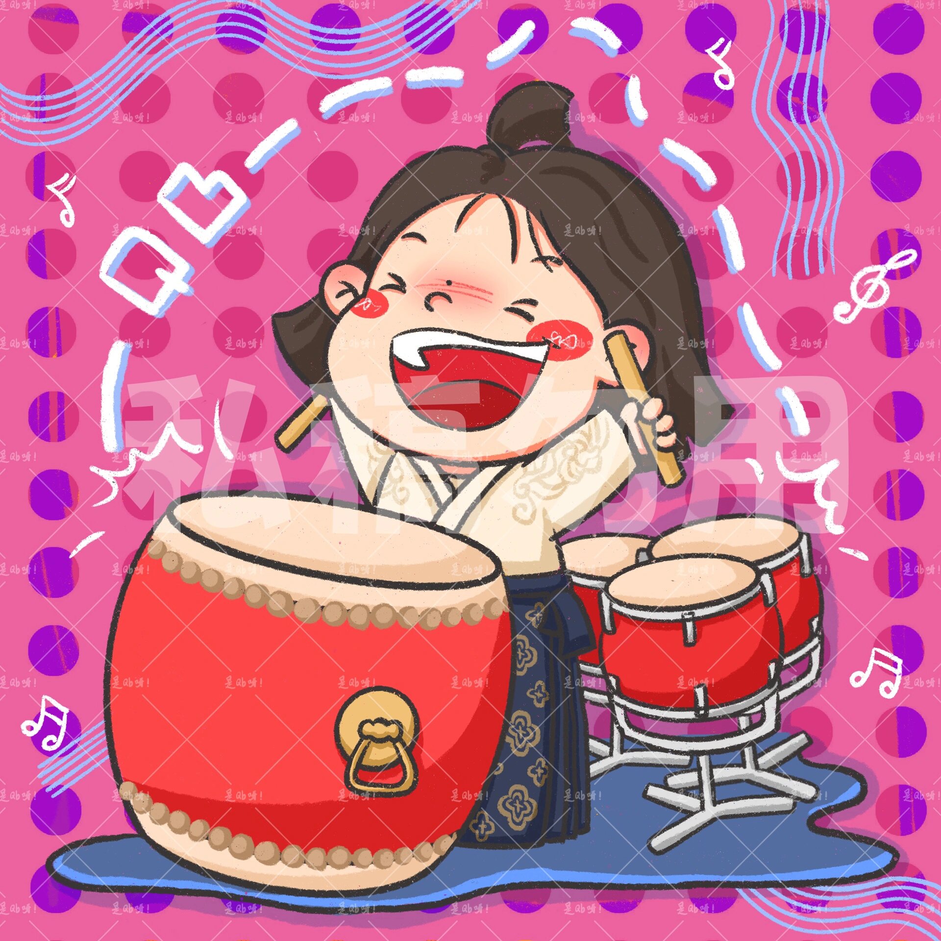 鼓的小姐姐也超可爱～ 是选小粉还是小黄背景呢 最近很喜欢画可可爱爱