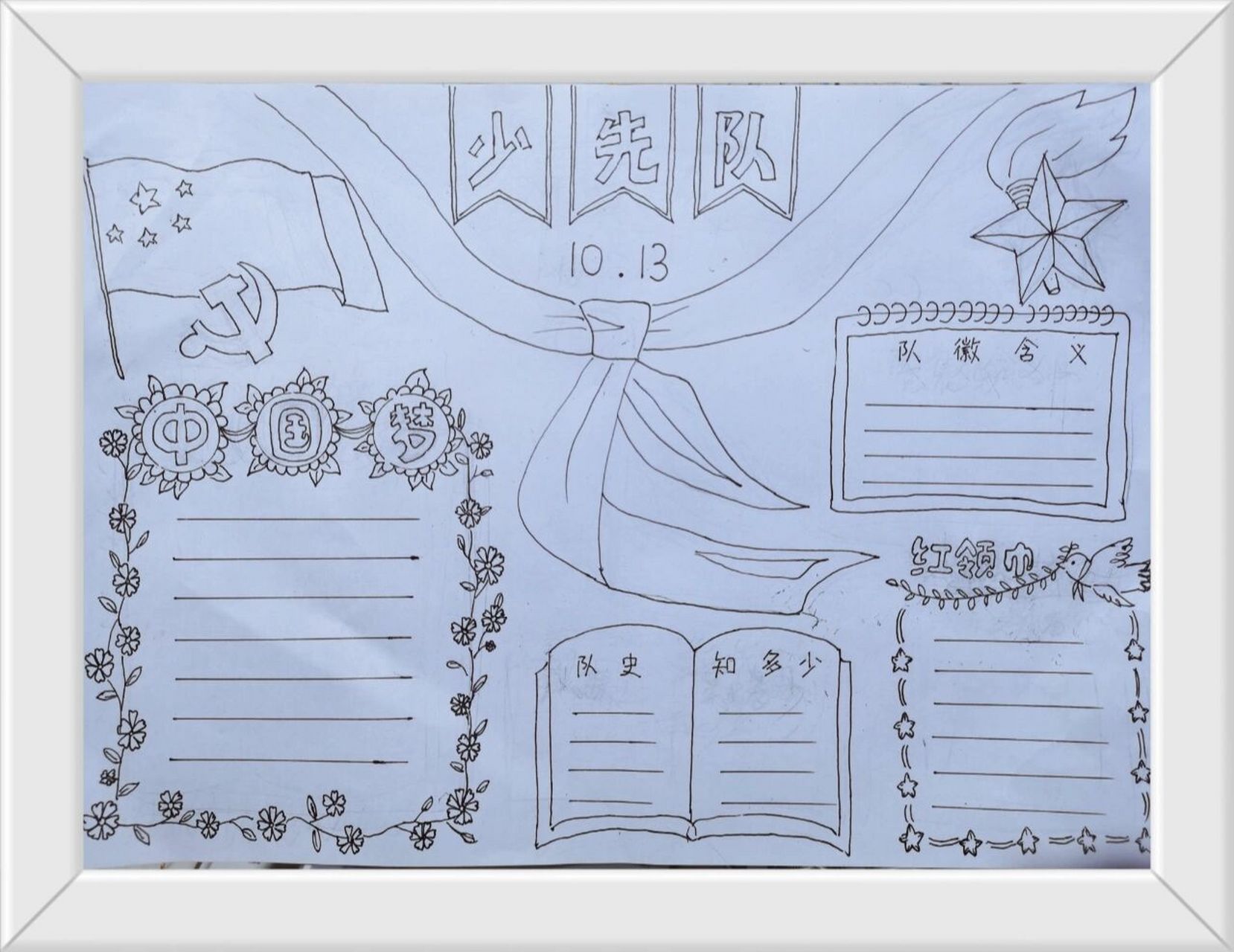 女儿学校国庆节假期,让画少先队主题手抄报,没给孩子报绘画班,为了