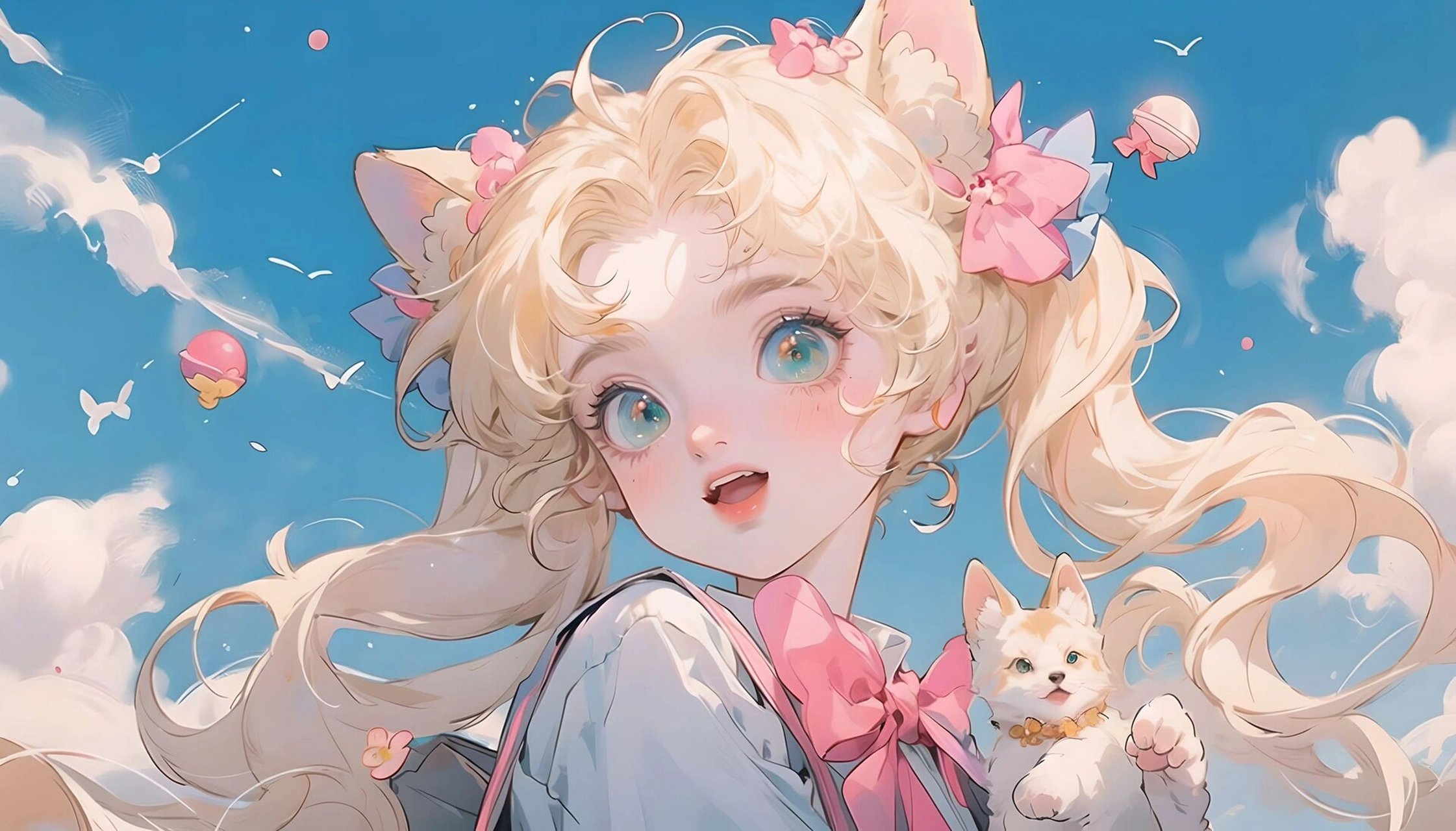 美少女战士电脑壁纸 | 小清新 | 抱猫少女 你的眼中有万千星河