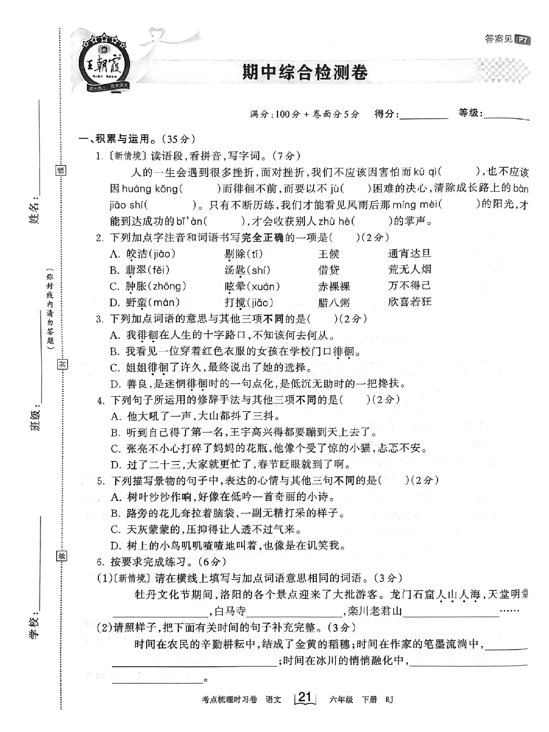六年级语文下册,王朝霞考点梳理时习卷
