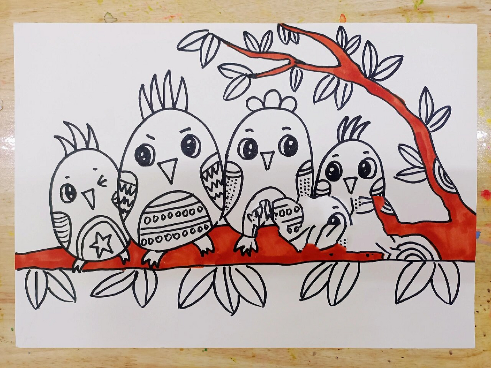 小鸟一家儿童画简笔画少儿美术创意画线描 树枝 幼儿园画 简单的 马克