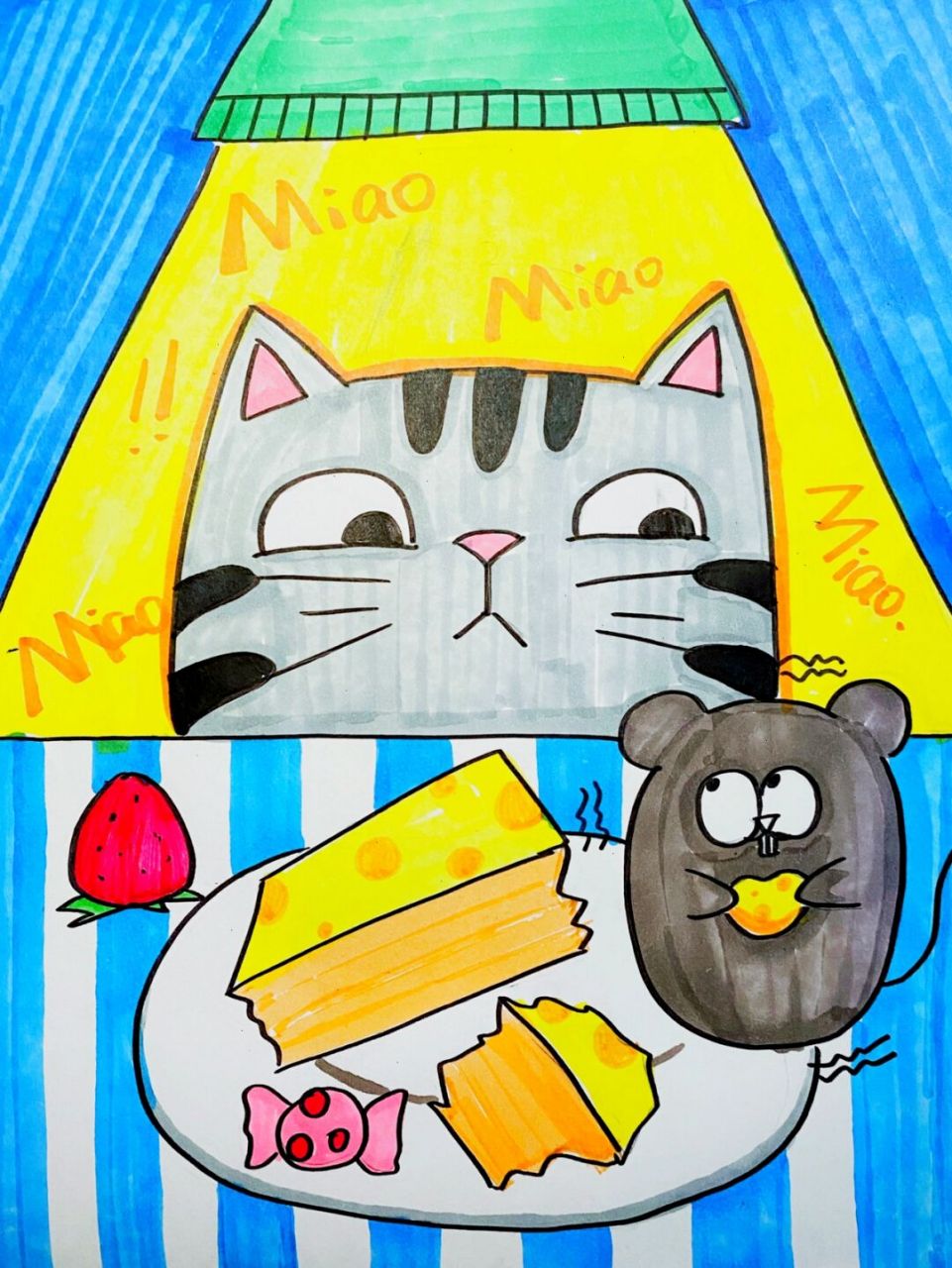 猫和老鼠儿童画 #卡通画# #马克笔# #儿童画# #猫咪儿童画# #老鼠儿童