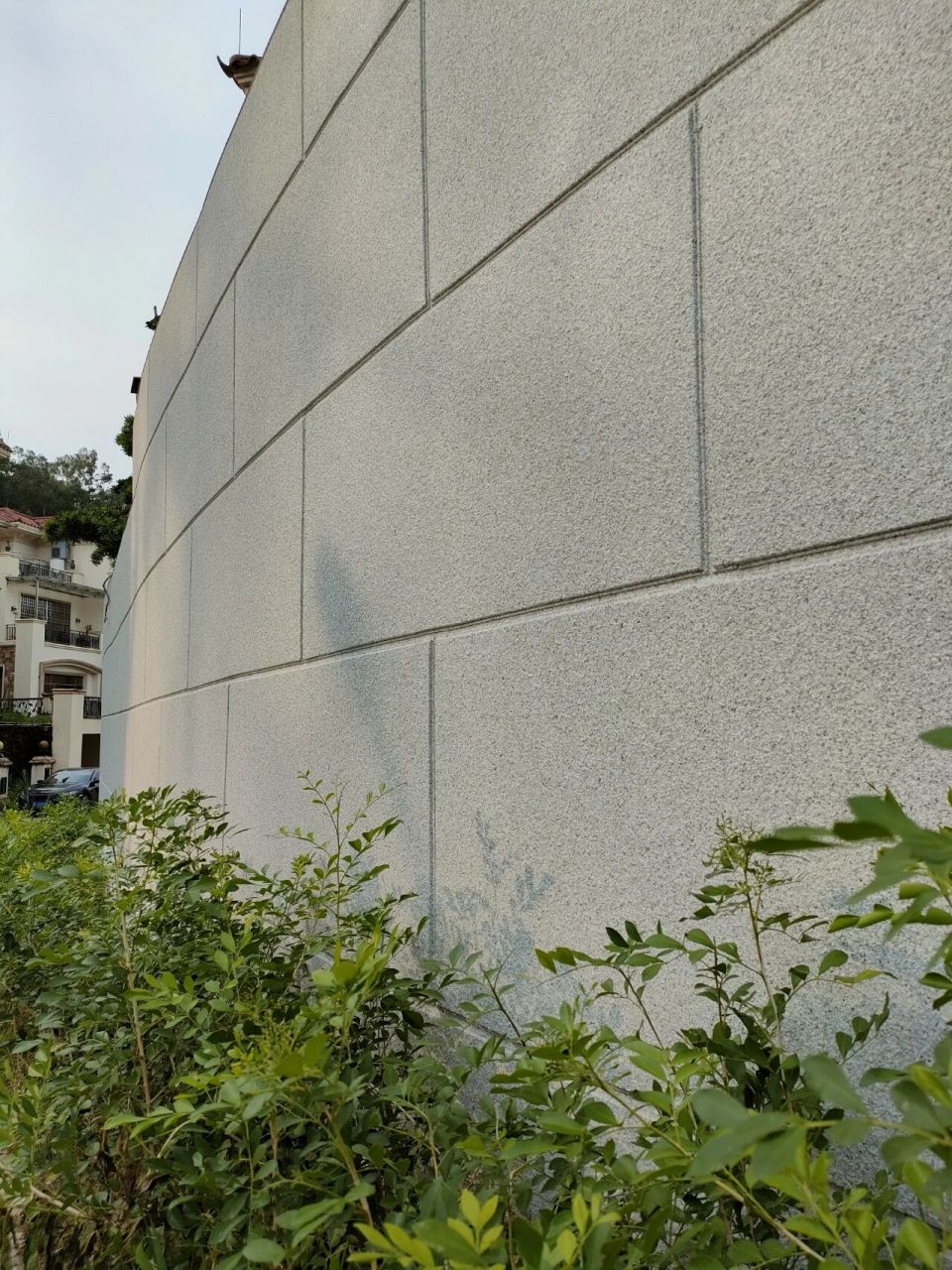 外墙仿石漆水包砂双凹槽工艺 整体围墙做的93白麻色号 主体颜色为