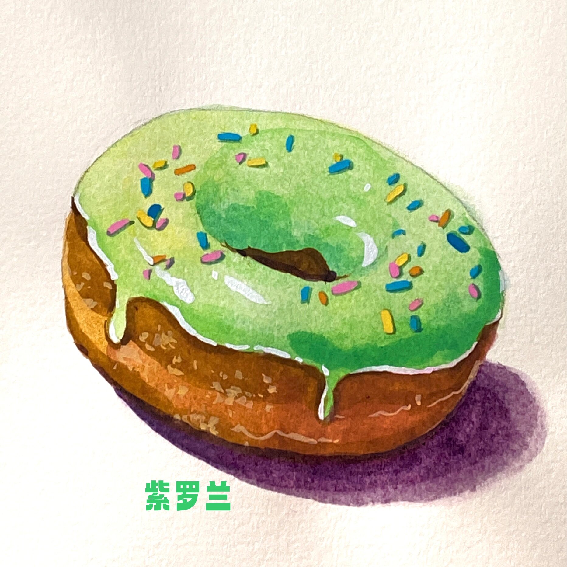 水彩美食手绘|香甜抹茶甜甜圈 详细图文