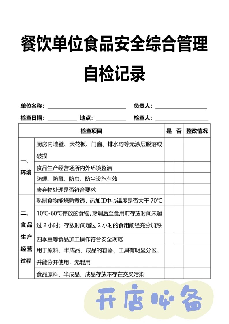 餐饮单位食品安全综合管理自检记录