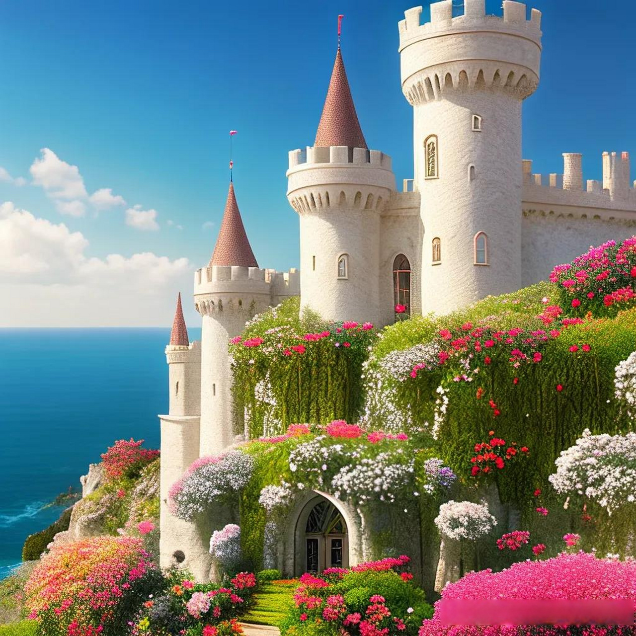 蓝天下的海边山顶上,耀眼的阳光洒在一座城堡样式的白色酒店上