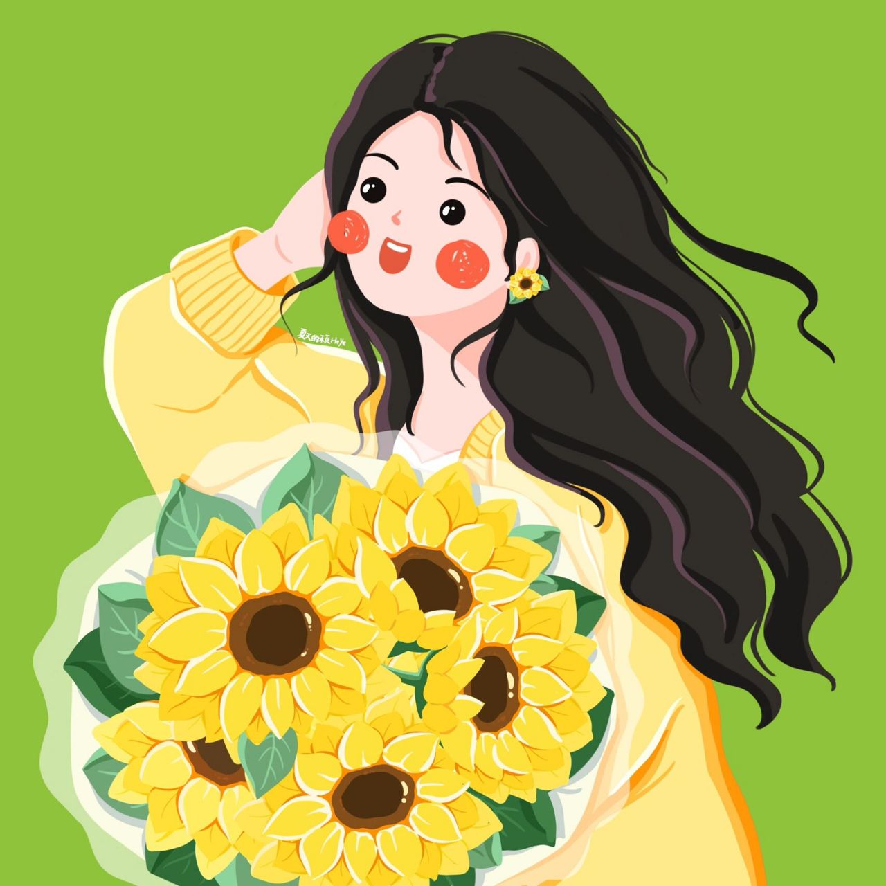 插画头像 | 手捧向日葵的可爱女生 和向日葵约定,每天,向阳而生~97