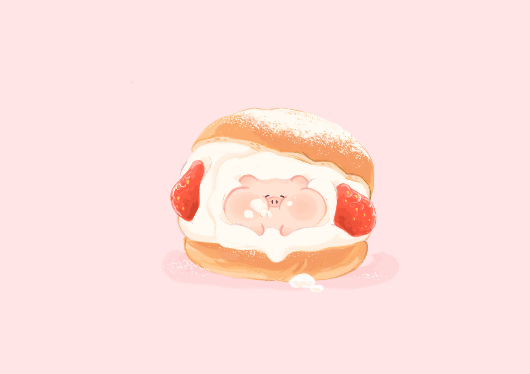 用酥软的泡芙皮裹住胖胖的小猪 再加上清甜的草莓和甜香十足的奶油