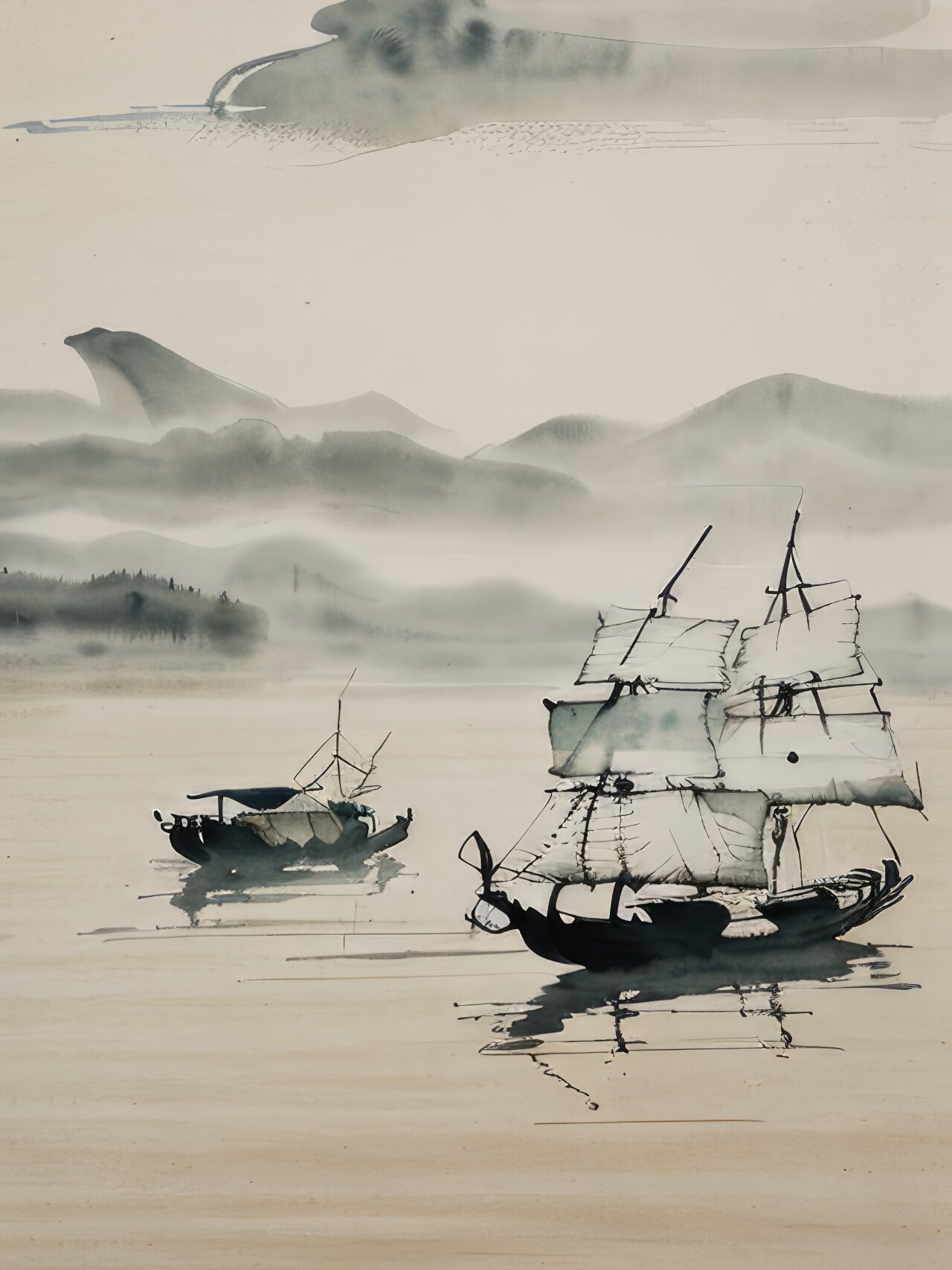 治愈系水墨风景壁纸古船