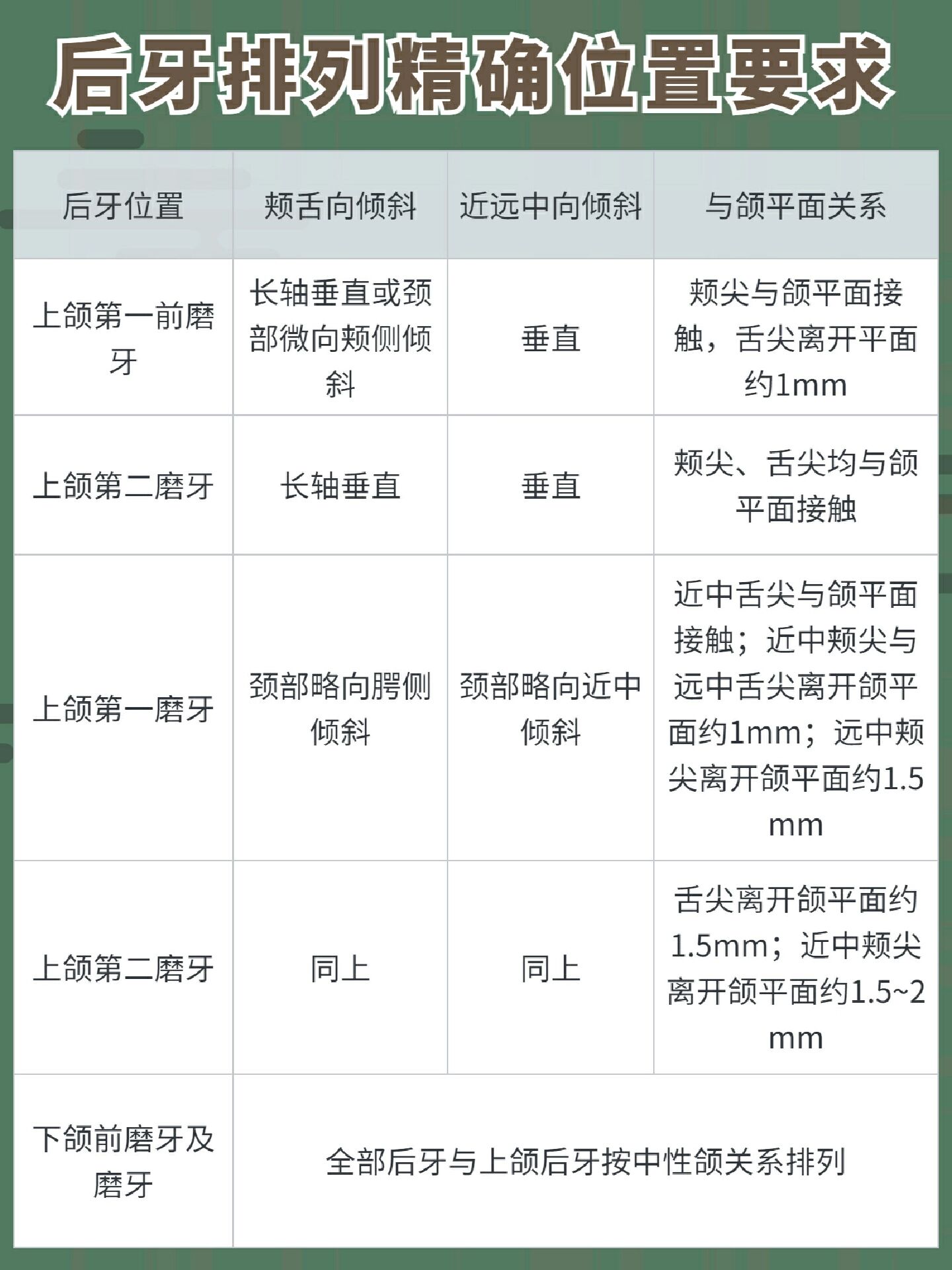 后牙排列的位置要求 颊舌向位置 后牙排在牙槽嵴顶上,上后牙冠向颊侧