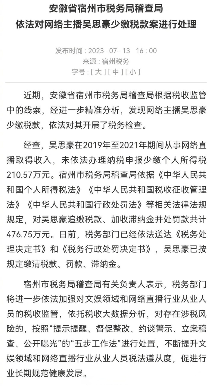 【网络主播吴思豪少缴税被罚】近期,安徽省宿州市税务局稽查局根据