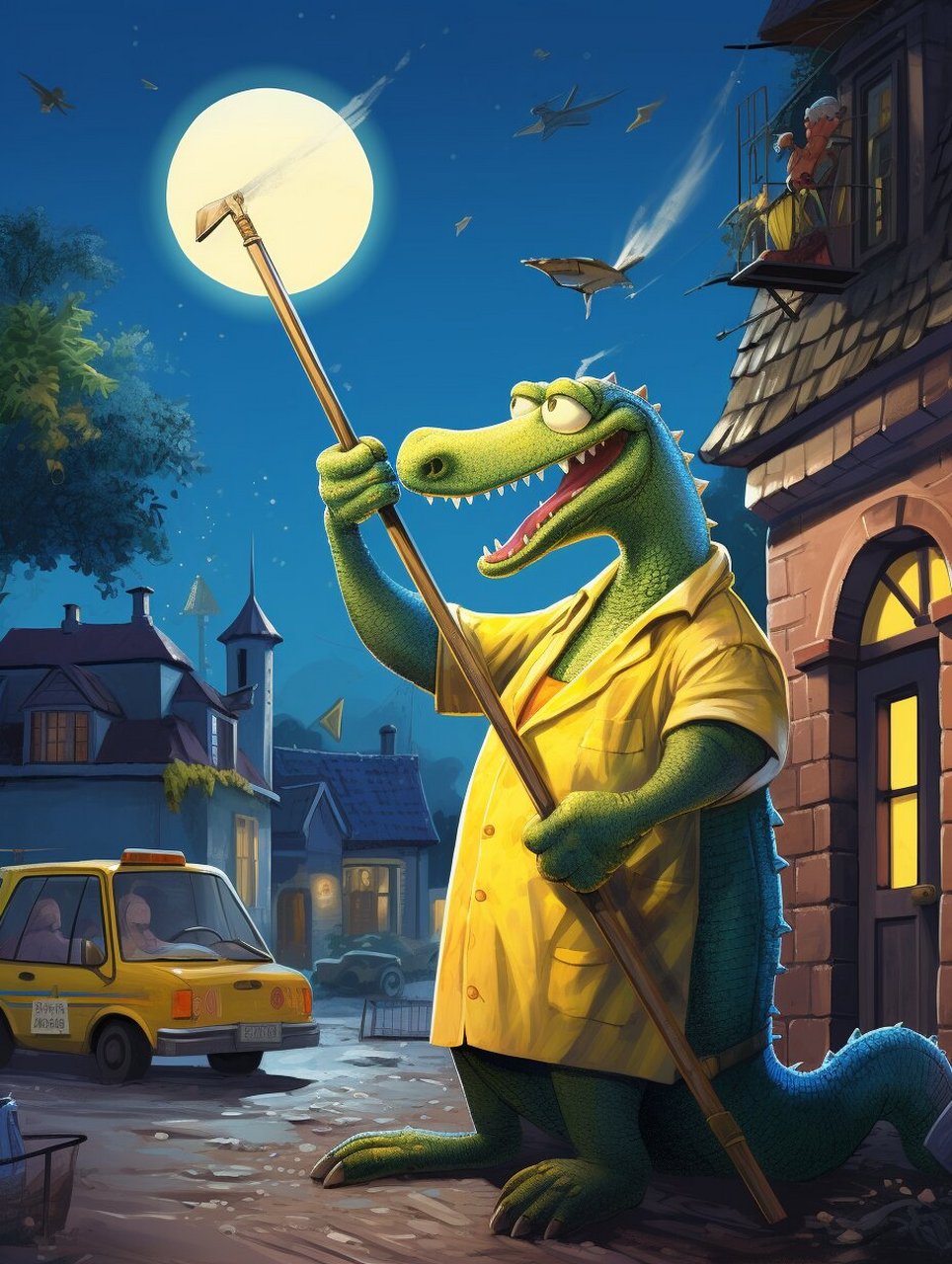 鳄鱼大叔是个勤劳的人,他在给一些高层建筑的窗户擦洗,他不怕高,他