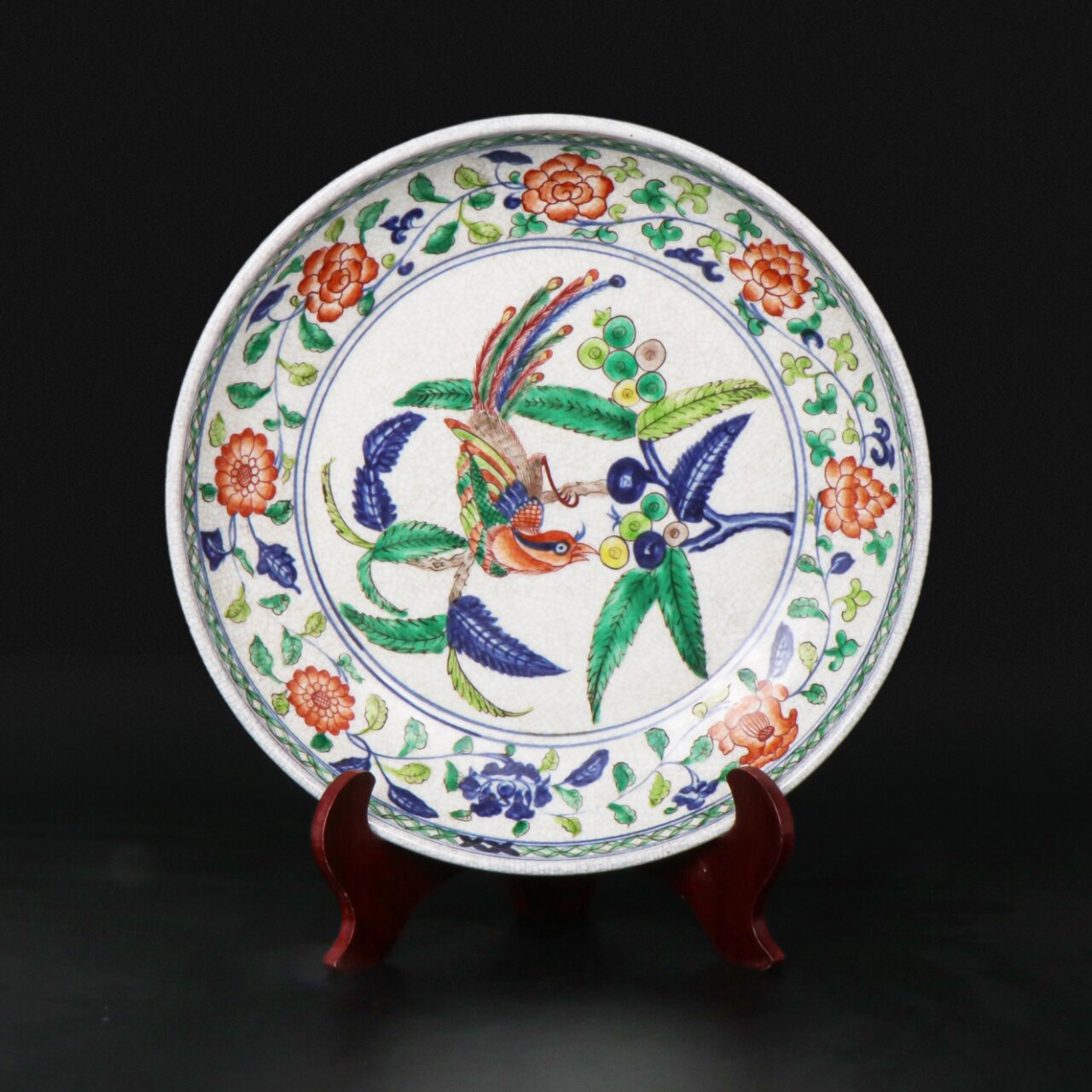 青花五彩花鸟纹盘 大明宣德年制款02青花五彩花鸟纹盘02口径33.