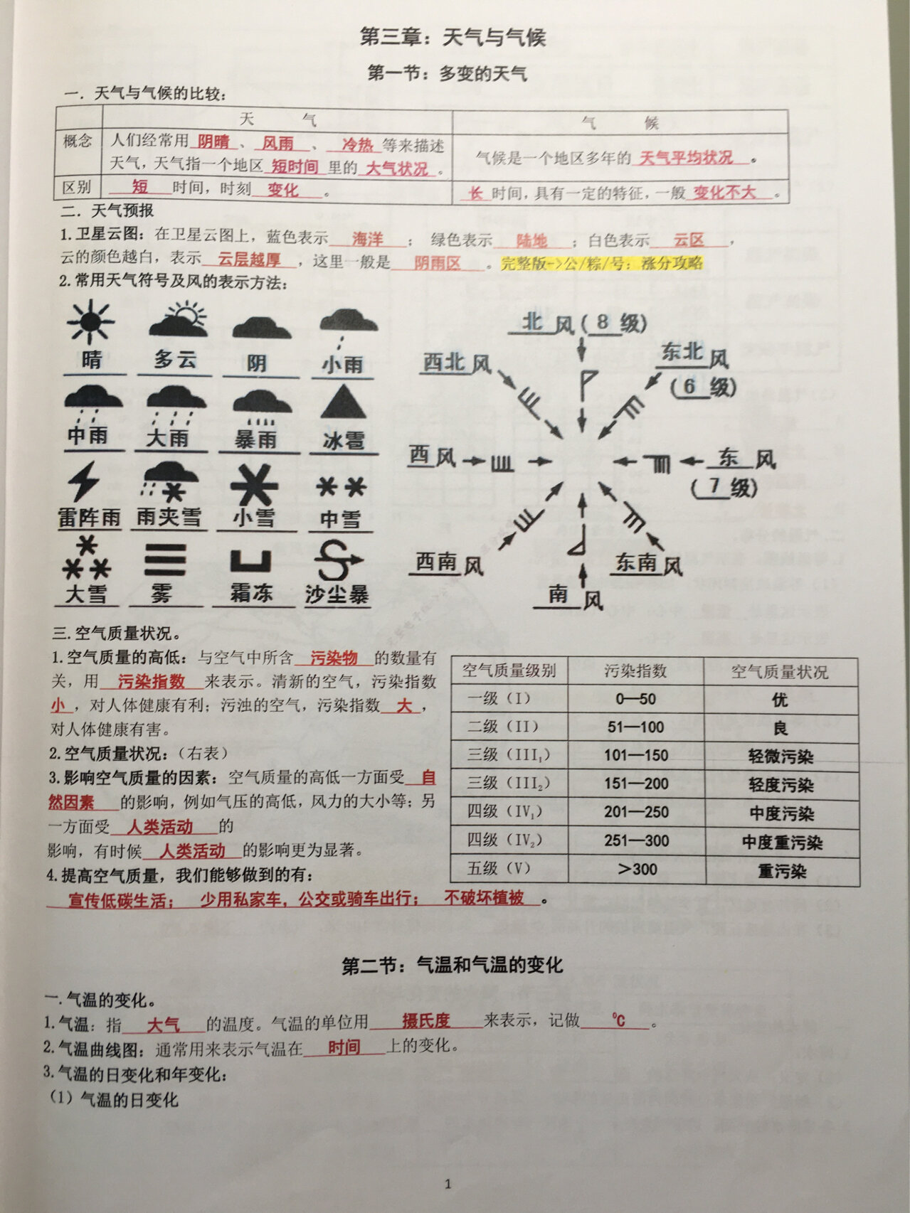 七年级上册地理天气与气候知识点总结